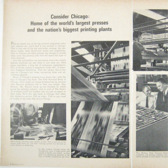 Vintage 1966 2 Page Print Ad First National Bank Of Chicago Printing Presses - Picture 2 of 2